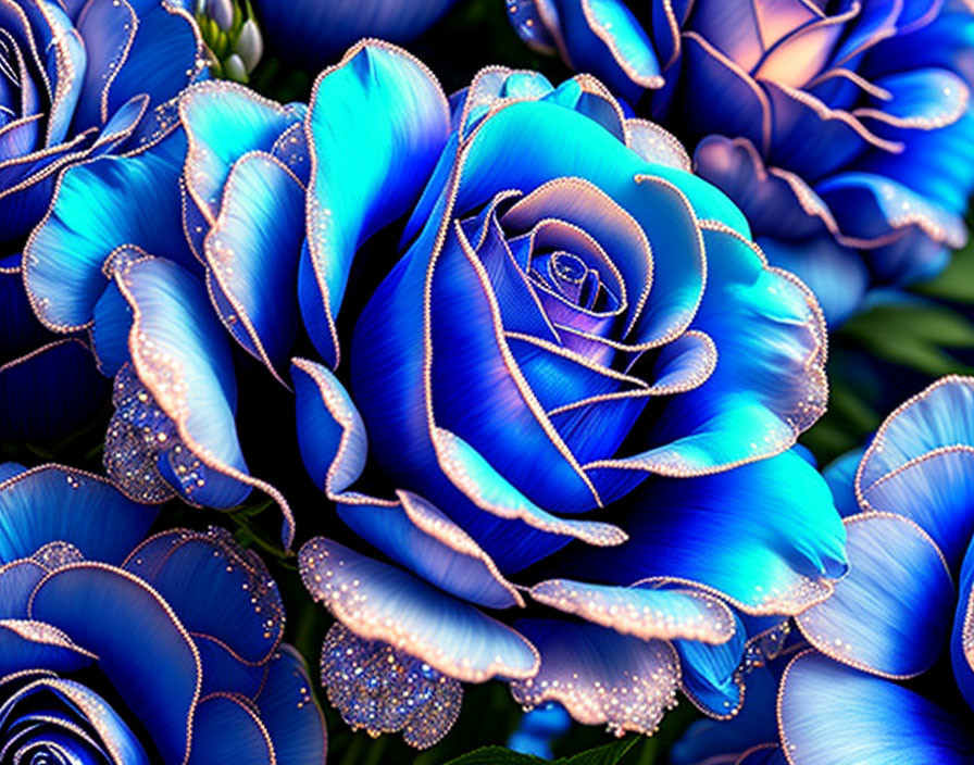 Vibrant Blue Roses with Purple Edges and Dewdrops on Dark Background