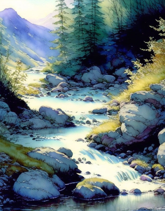 Tranquil watercolor painting of stream, rocks, greenery & mountains