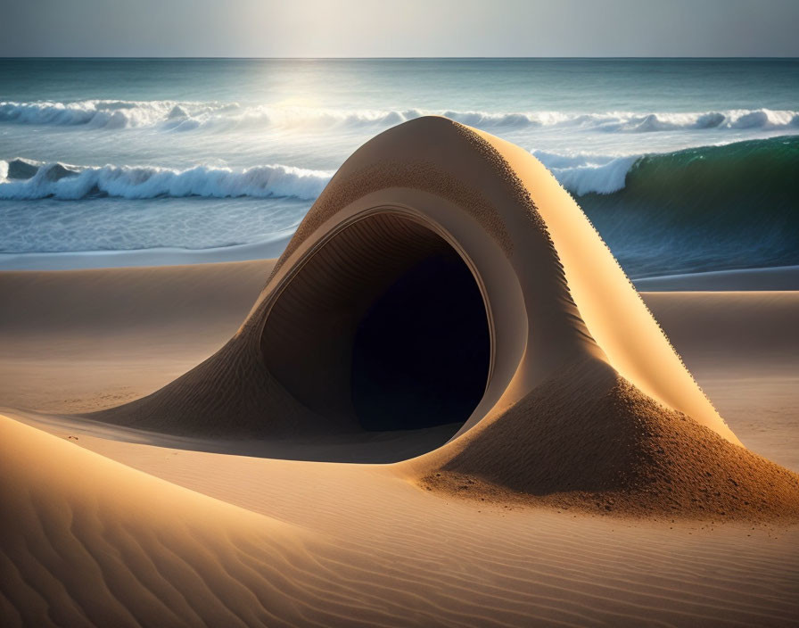 Surreal desert sand wave with ocean backdrop