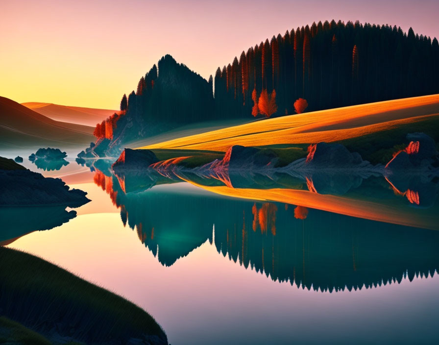 Serene lake reflecting golden-lit hills and forest at sunrise or sunset