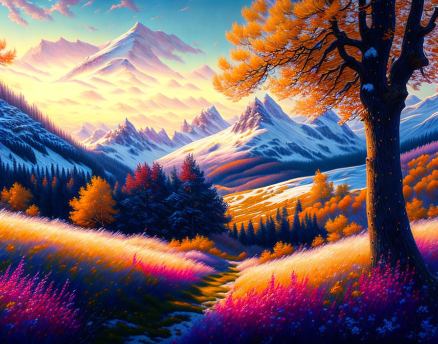 Scenic autumn landscape with vibrant colors and snow-capped mountains