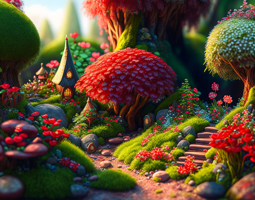 Vibrant forest scene with oversized mushrooms and miniature house