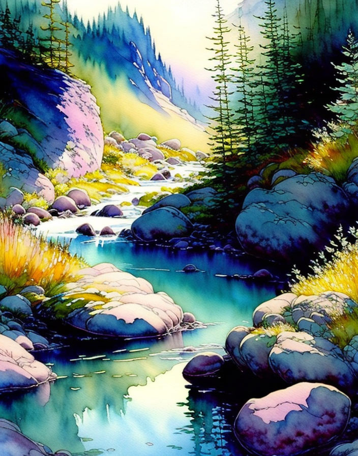 Serene mountain stream illustration with lush greenery