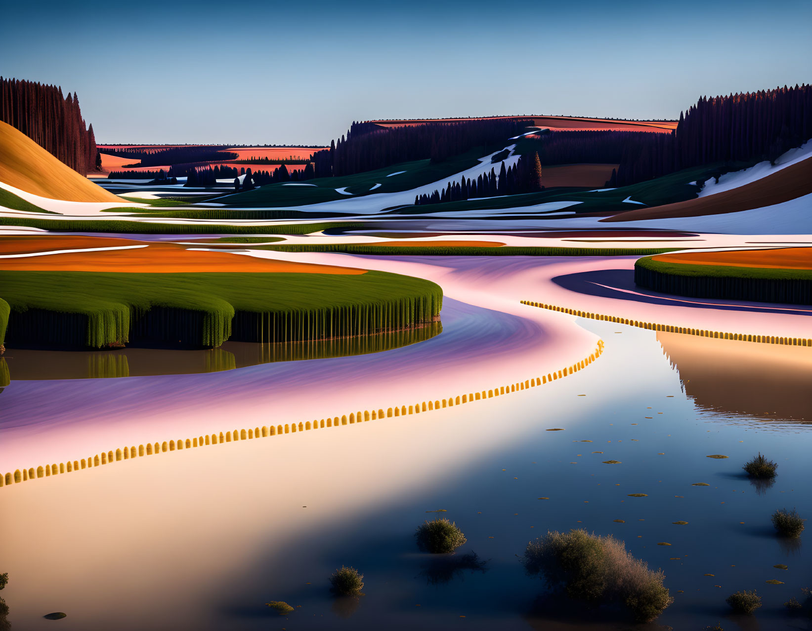 Surreal landscape with flowing rivers, rolling hills, and reflective waters at sunrise or sunset