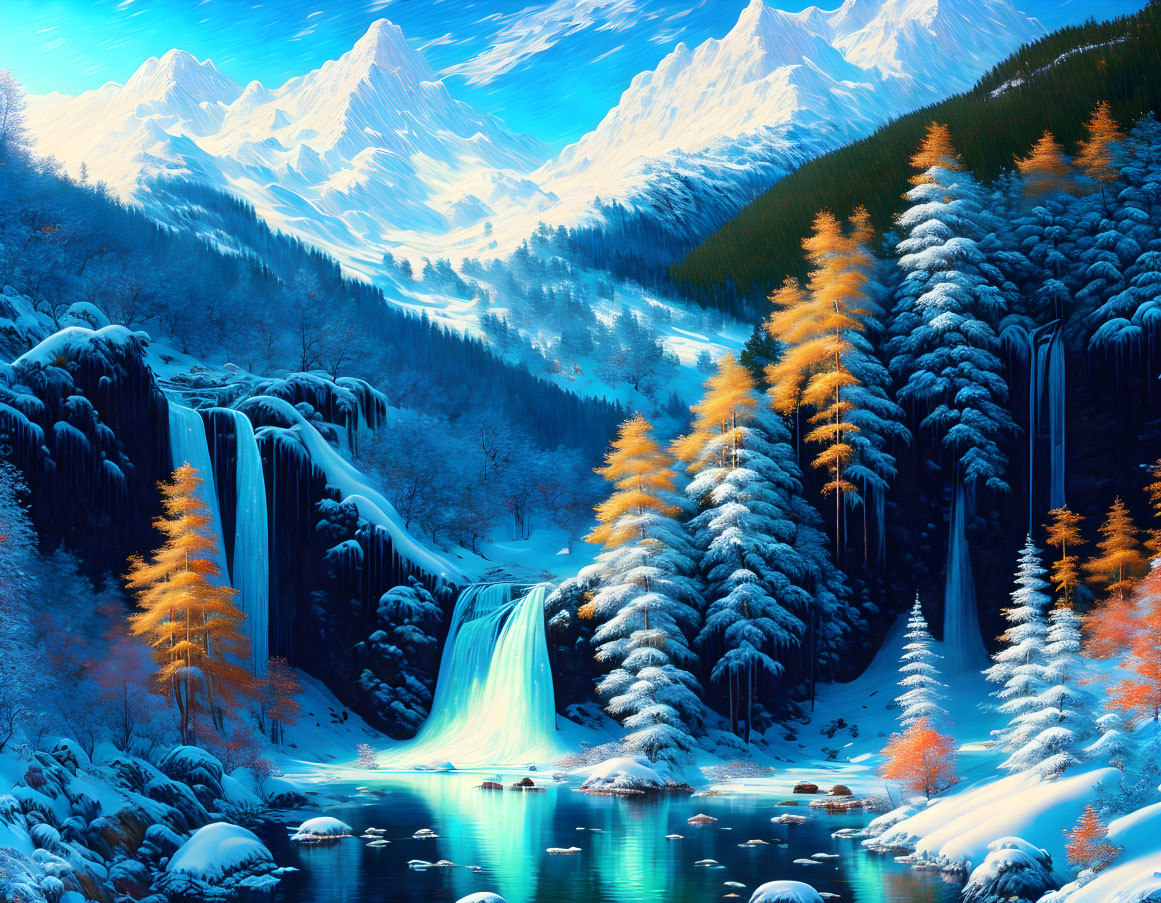 Winter Mountain Landscape with Waterfalls and Snow-Covered Trees