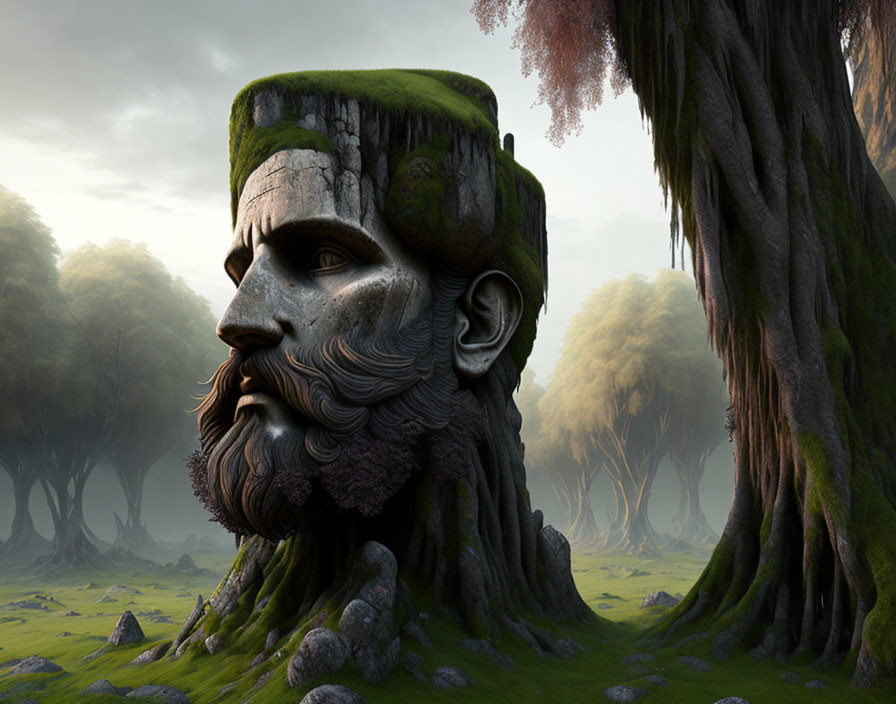 Majestic stone head in serene forest with moss-covered top