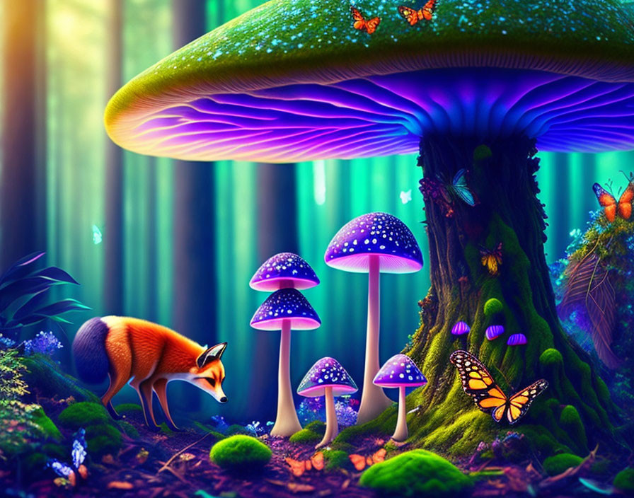 Vibrant digital artwork: whimsical forest with mushrooms, fox, butterflies