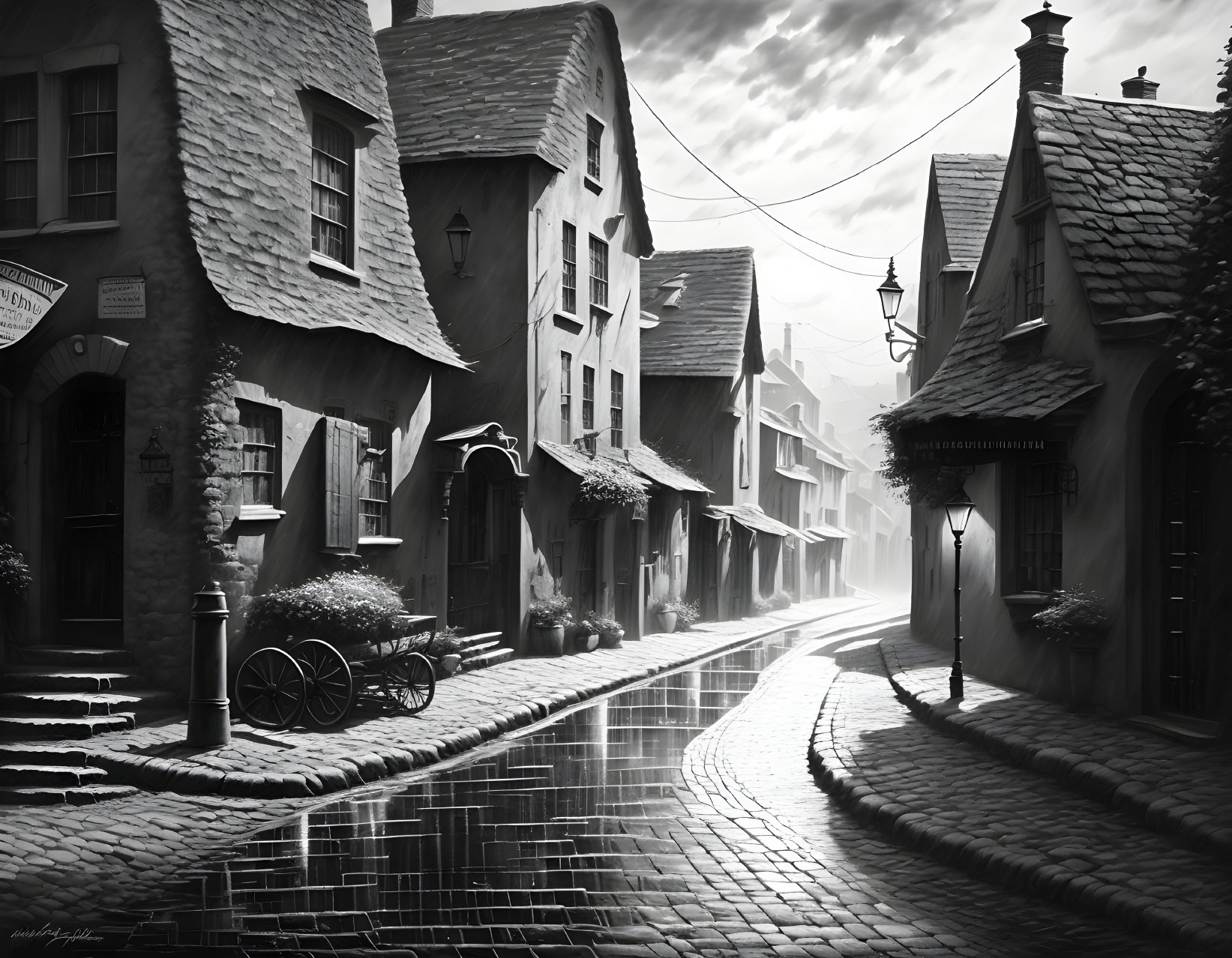 Monochrome European street scene with cobblestones and bicycle