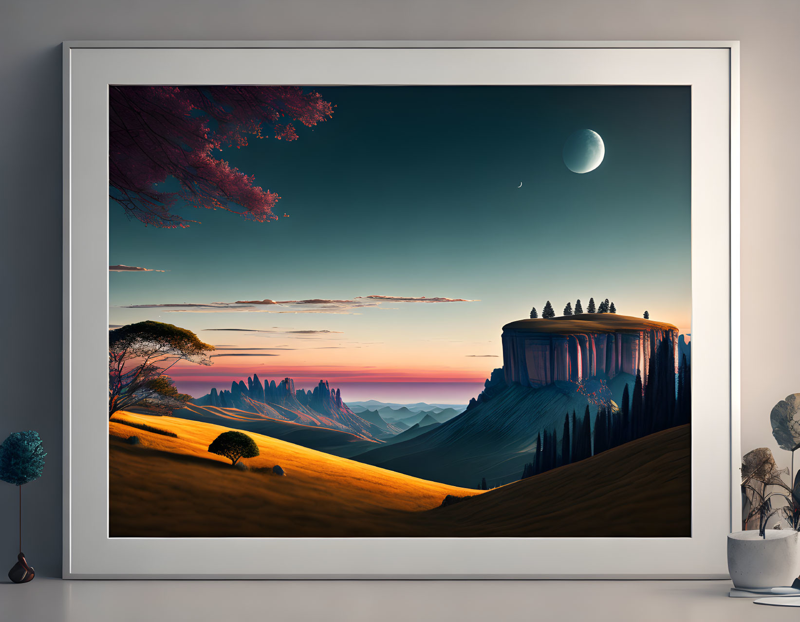 Surreal landscape digital art with crescent moon, plateau, trees, and vibrant sunset in framed