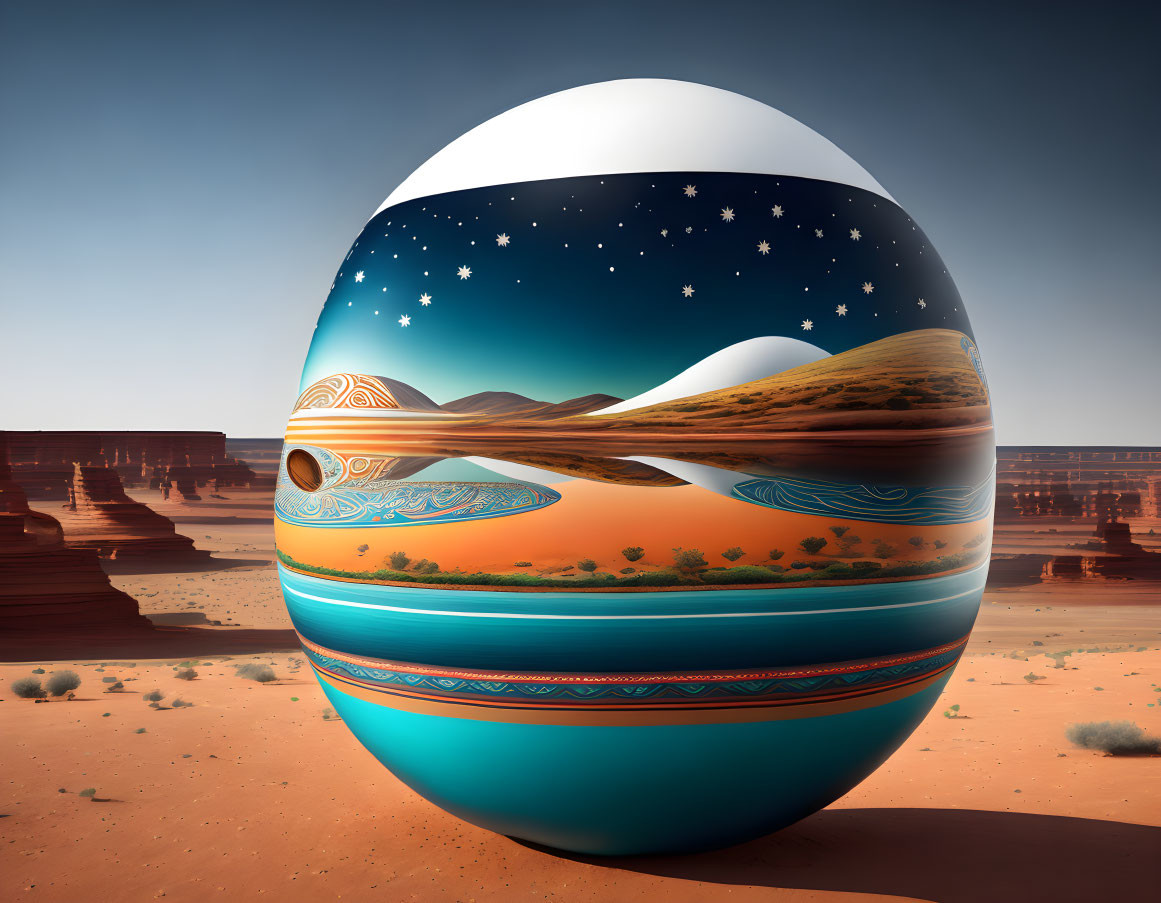 Digital Egg-Shaped Object with Desert Landscape and Night Sky Elements