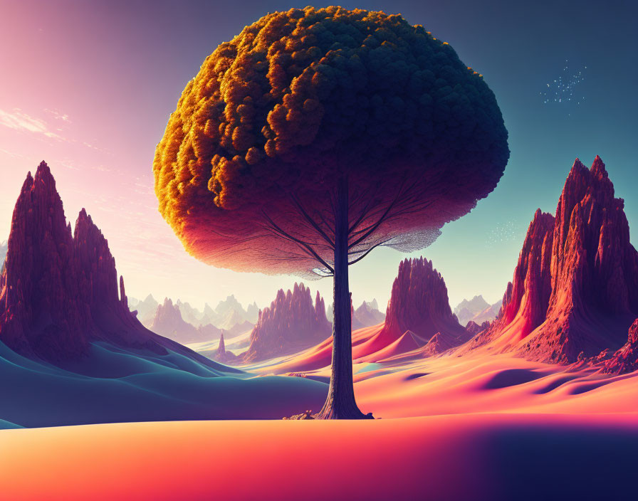 Colorful alien landscape with massive tree in digital artwork