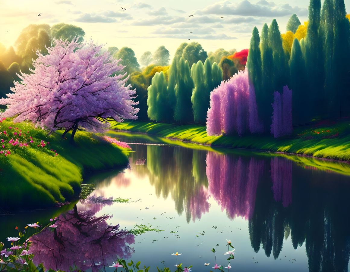 Tranquil cherry blossom tree by calm river in serene landscape