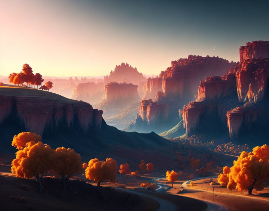 Majestic cliffs, winding road, autumn trees in serene landscape