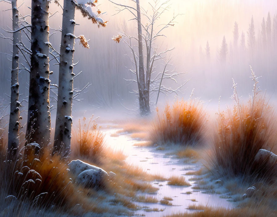 Winter forest landscape with snowy path and birch trees in golden mist