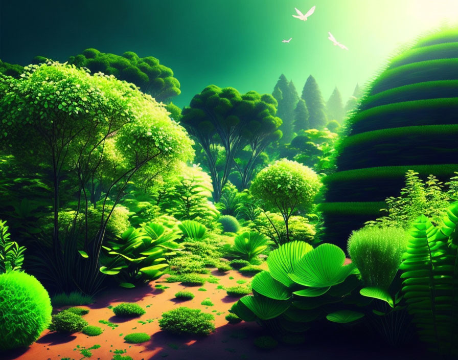 Vibrant fantasy landscape with lush green foliage and terraced hills