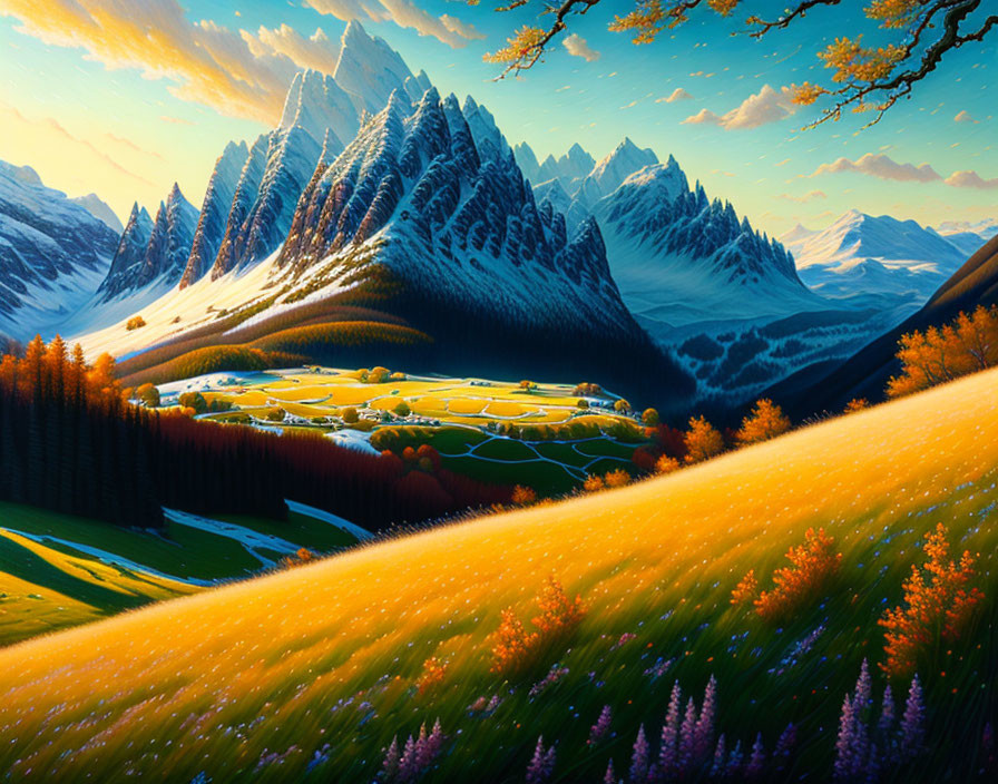 Scenic landscape with sunlit hills, golden fields, and snow-capped mountains