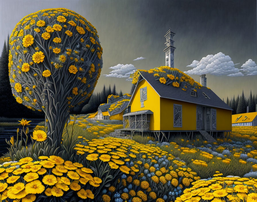 Yellow House Surrounded by Flowers and Stormy Sky