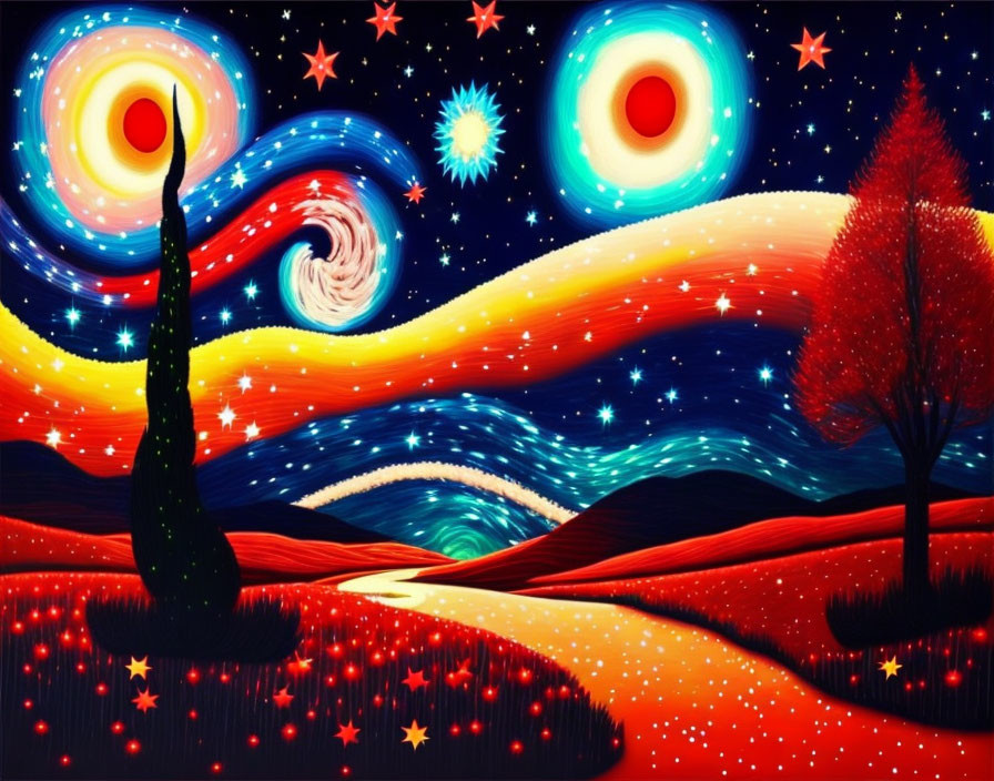 Colorful Whimsical Landscape with Lone Pine and Starry Skies