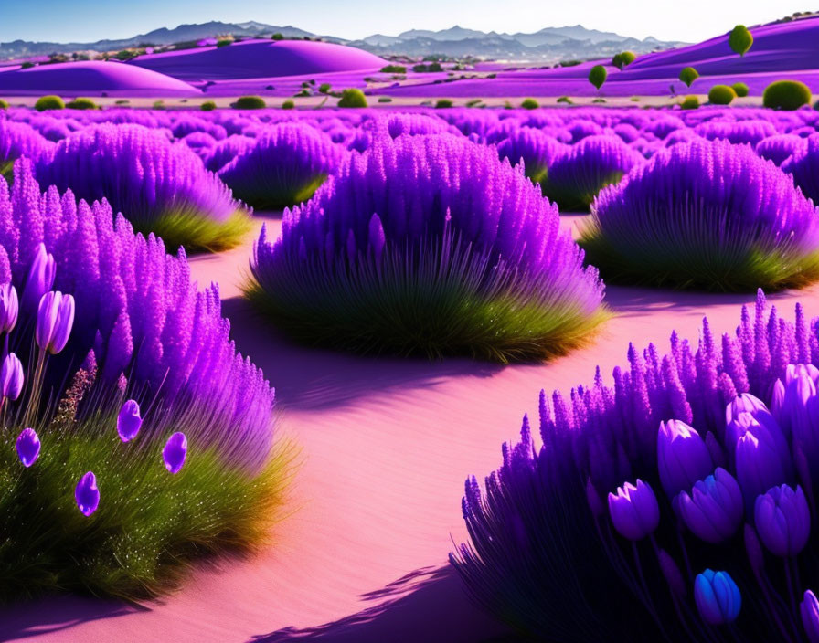 Vibrant purple flora on pink dunes under bright sky