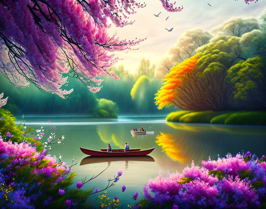 Tranquil lake scene with red canoe, blossoming trees, colorful flora, and birds flying above