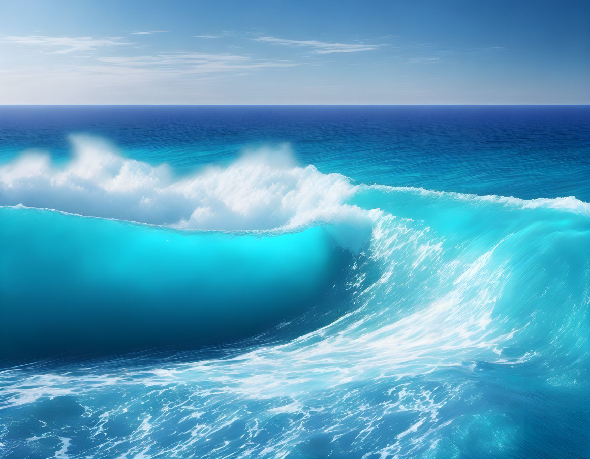 Tranquil ocean landscape with large curling wave under clear blue sky