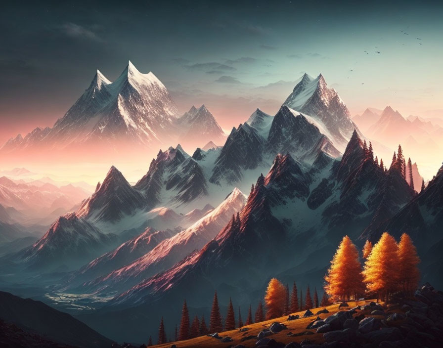 Snow-capped mountain range at twilight with autumn trees and serene valley