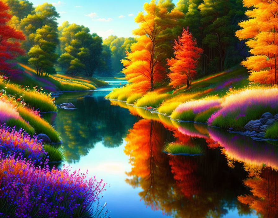 Tranquil river landscape with autumn trees and colorful flowers