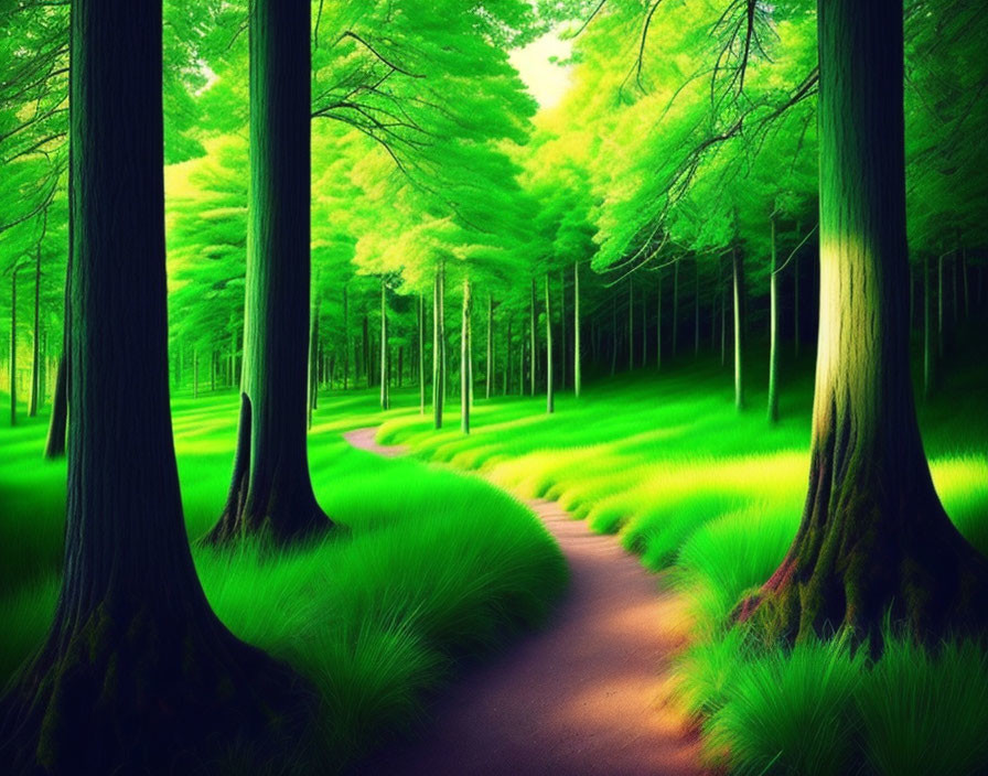 Lush green forest with winding path amid tall trees