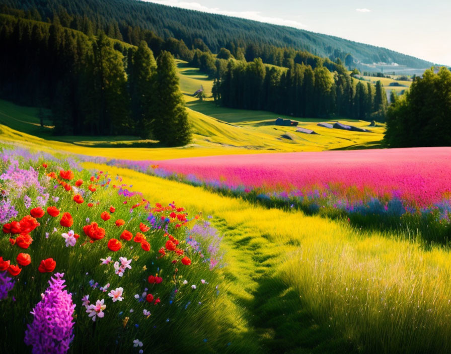 Lush fields of pink and red flowers against green grass and dense woodland under clear blue sky.