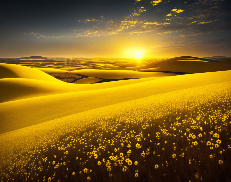 Scenic desert sunset with sand dunes and wildflowers