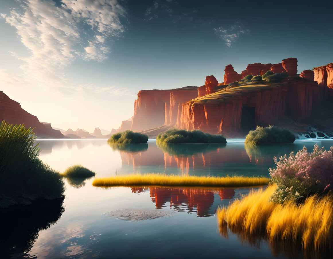 Scenic river with red cliffs and sunrise reflections