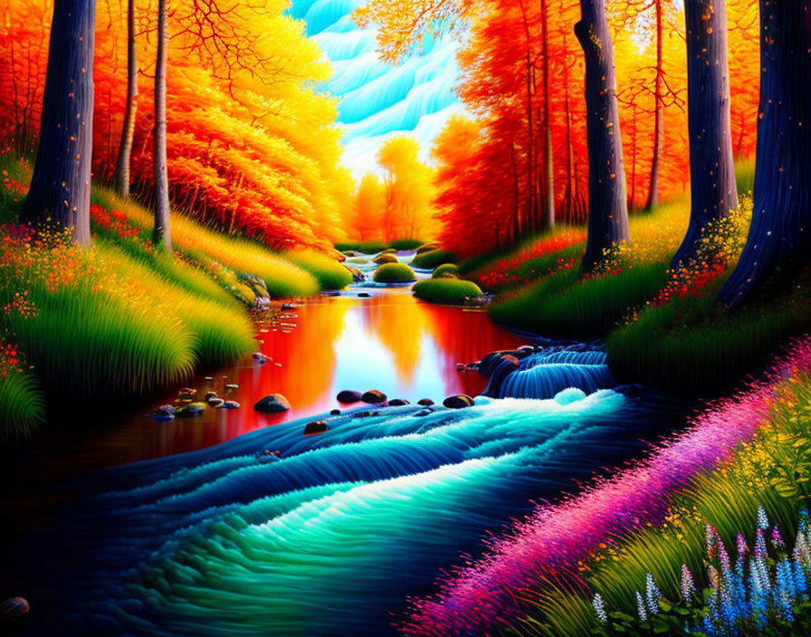 Colorful digital artwork of magical forest with stream and flowers