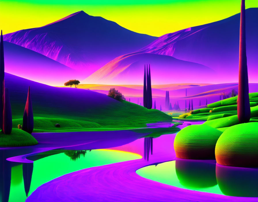 Surreal landscape with neon hues, rolling hills, reflective water, and solitary tree