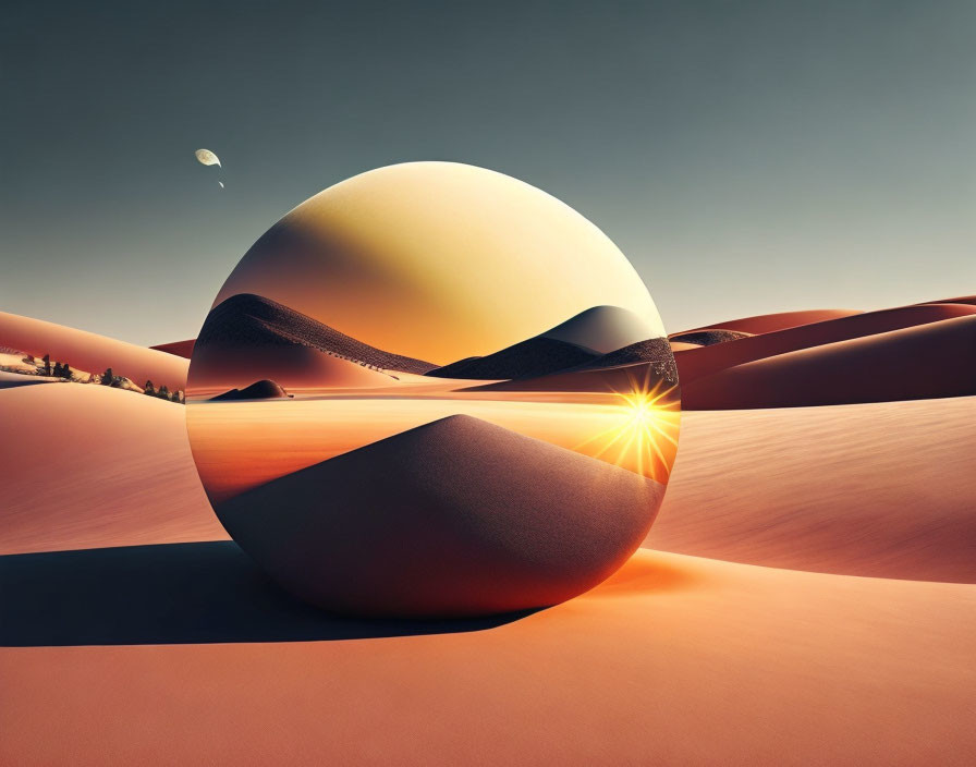 Surreal desert landscape with reflective sphere at sunset