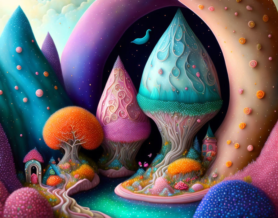 Colorful whimsical artwork with stylized trees and mushroom structures under a starry sky.