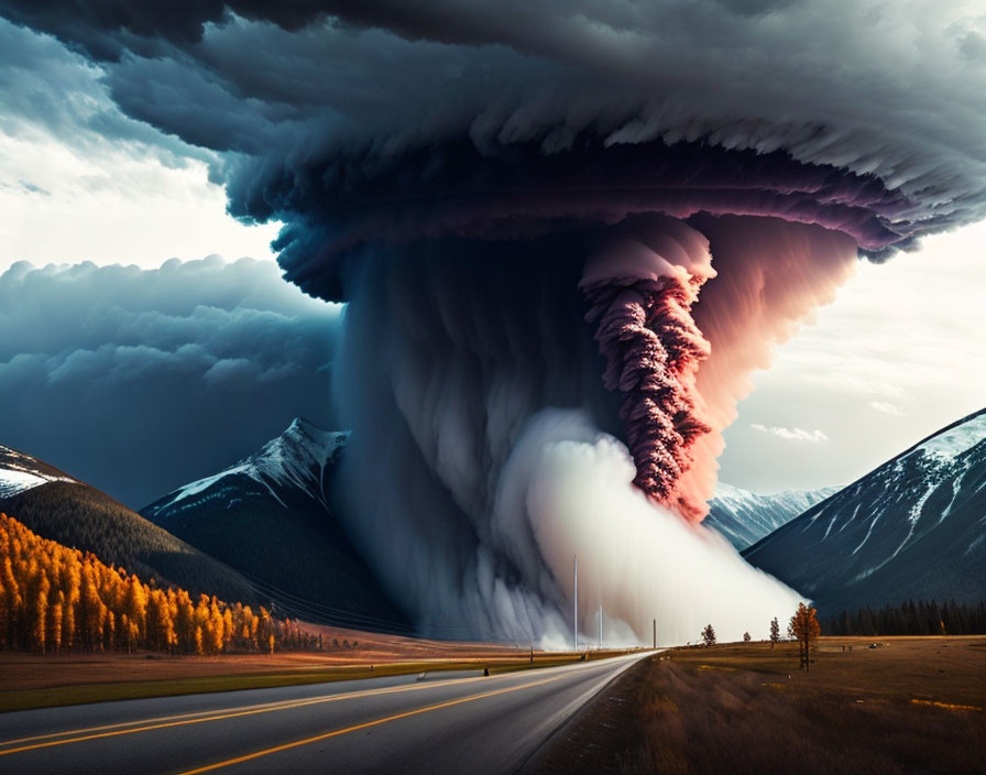 Surreal autumn landscape with towering mushroom cloud over road