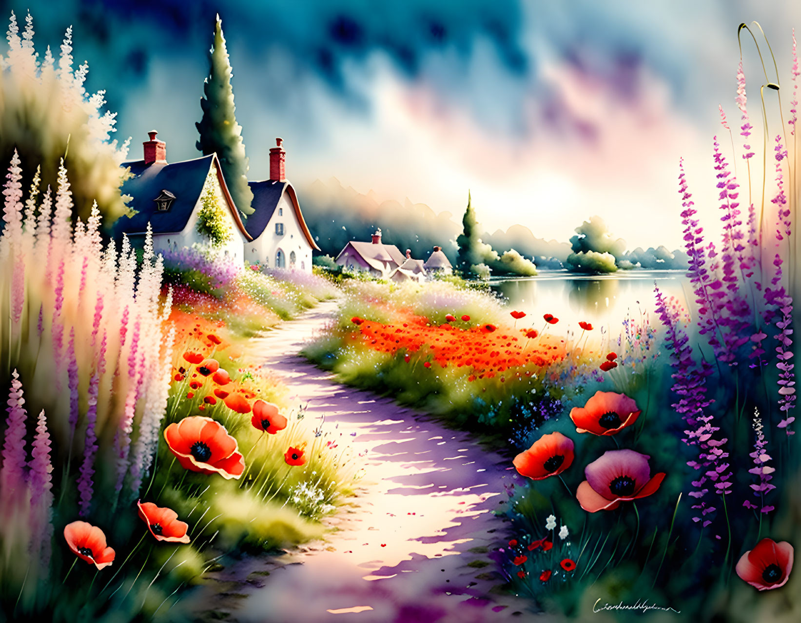 Scenic countryside painting: path, cottages, flowers, lake, cloudy sky