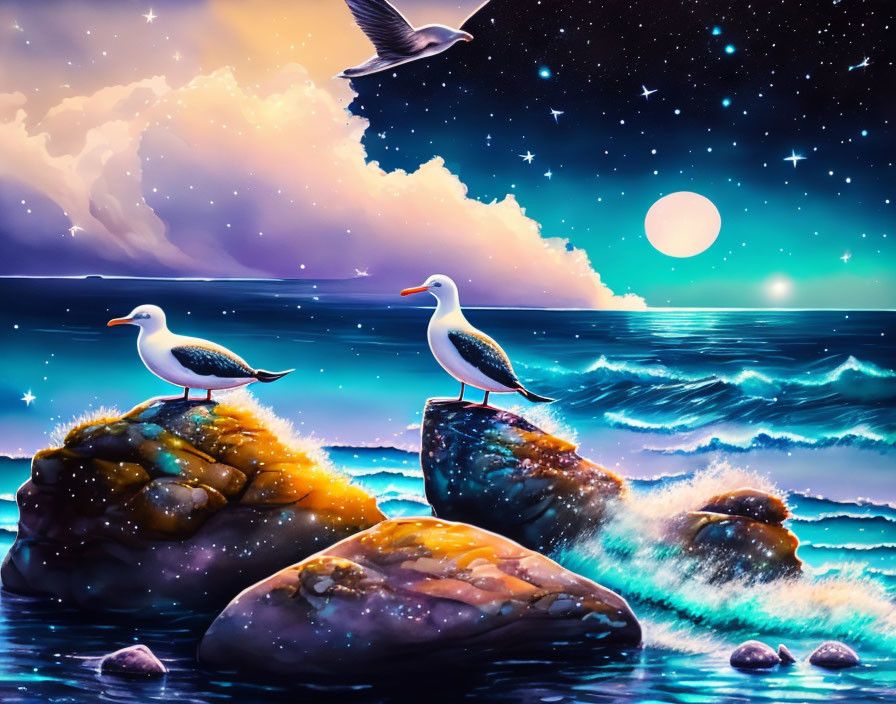 Seagulls on rocks under starry night sky with full moon, crashing waves, and flying bird