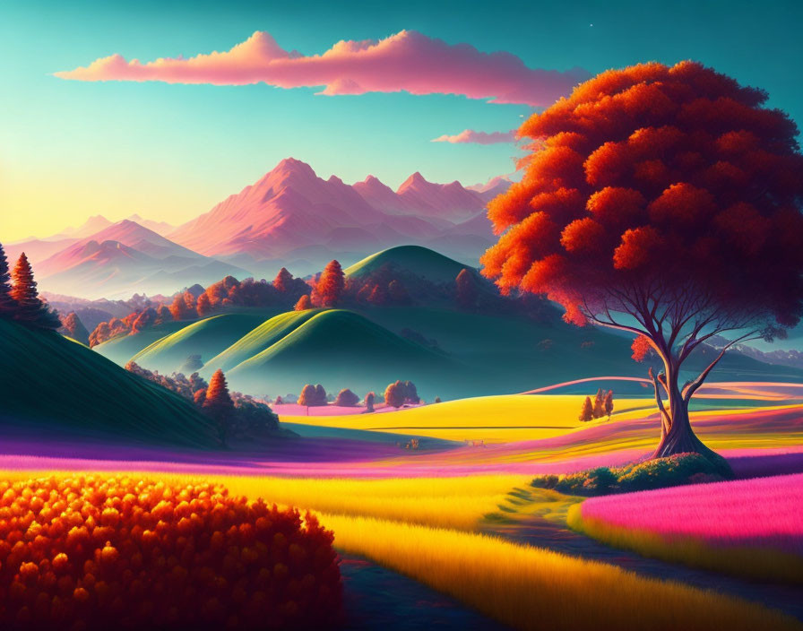 Colorful sunset landscape with green hills, red tree, and purple fields