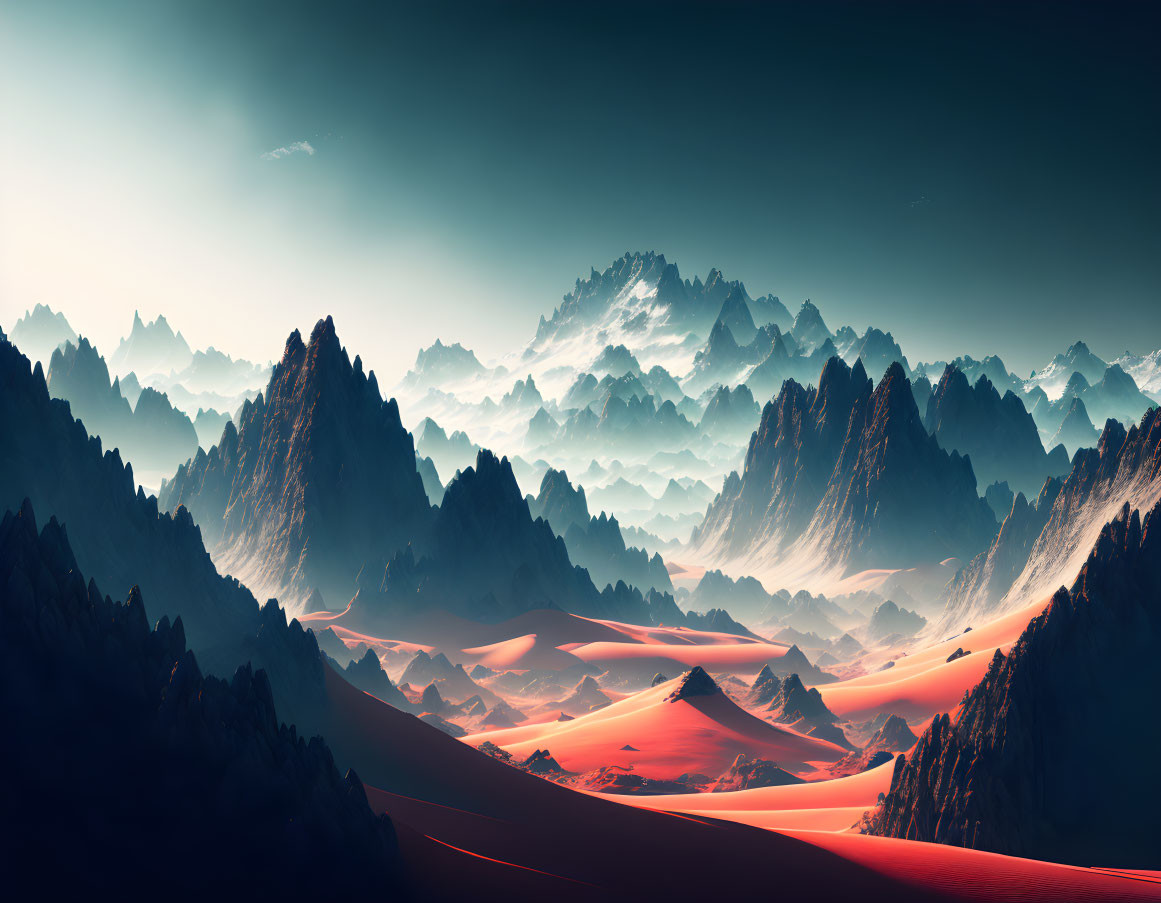 Majestic mountain range above red sand dunes under blue sky