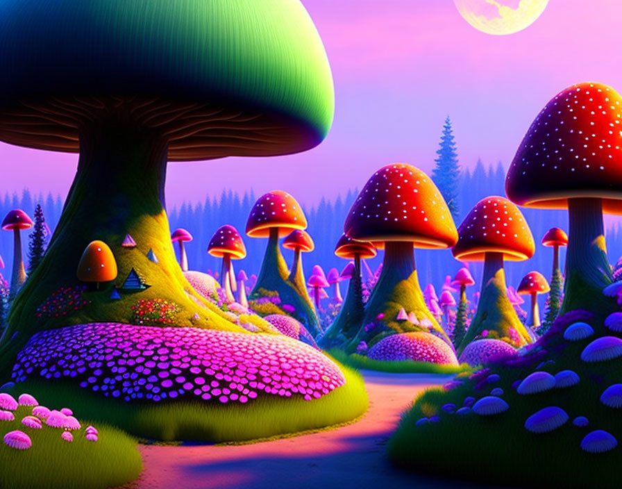 Fantasy landscape with colorful mushrooms under purple twilight sky