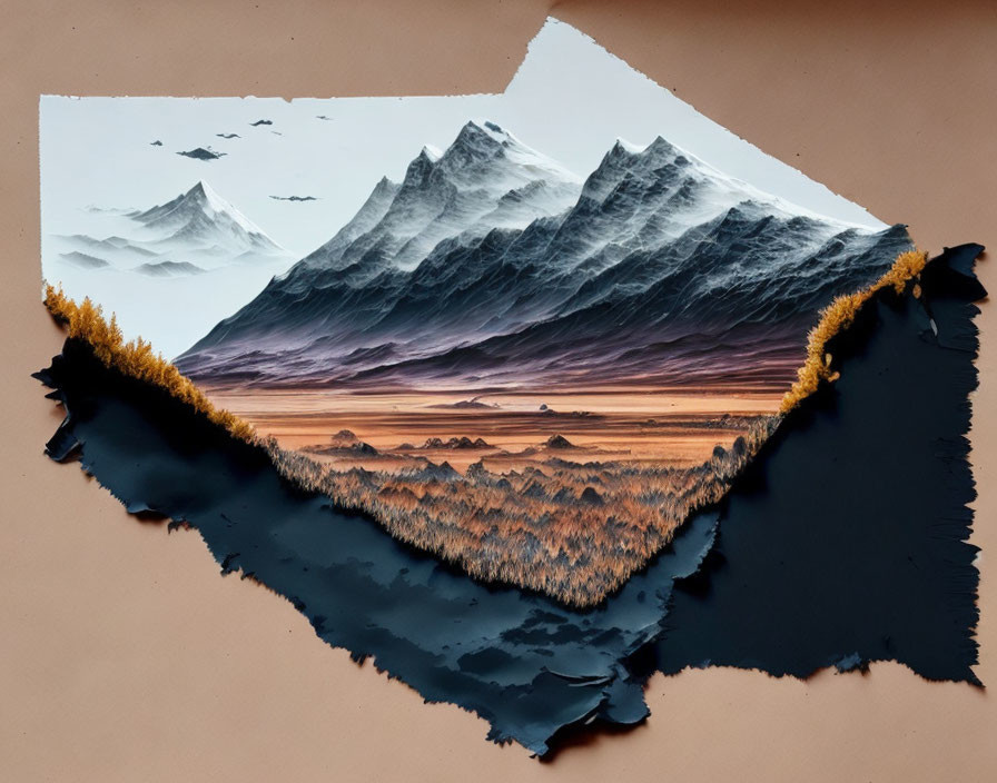 Layered paper art: Mountain range to savannah on brown background