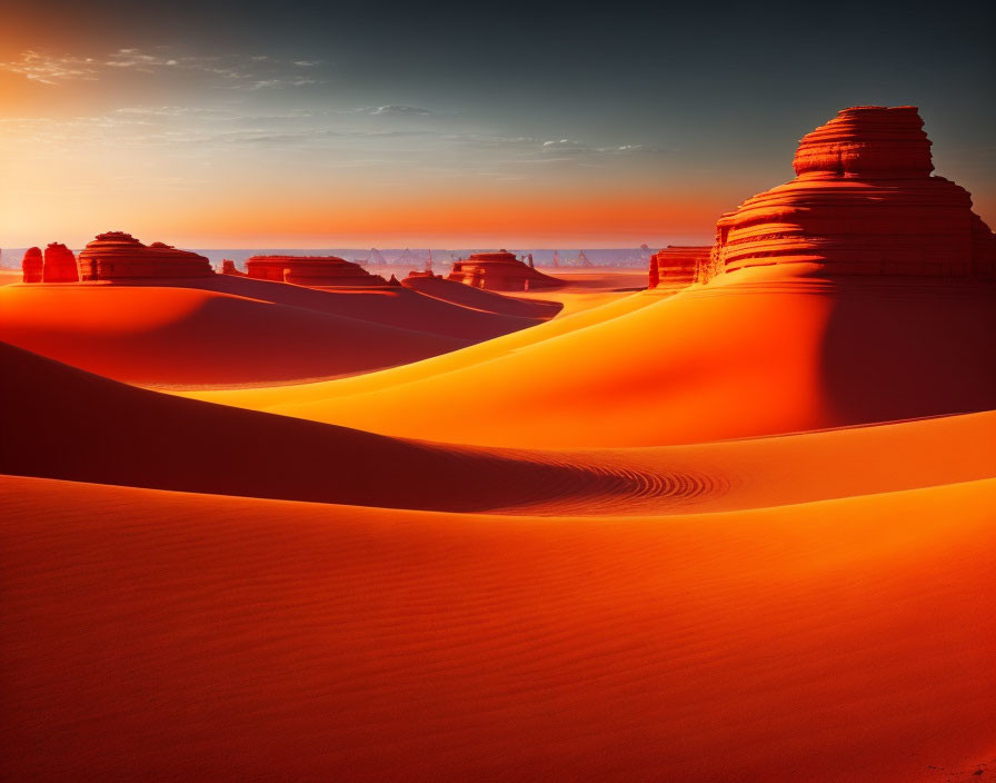 Scenic desert sunset with orange sand dunes and rock formations