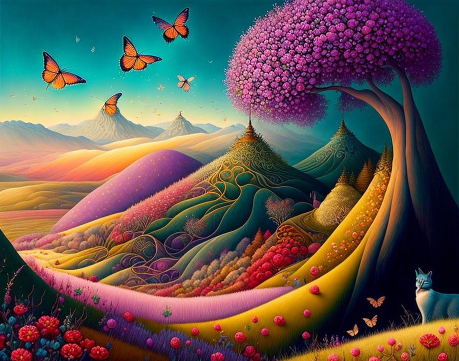 Colorful surreal landscape: rolling hills, blooming tree, butterflies, cat under starry sky