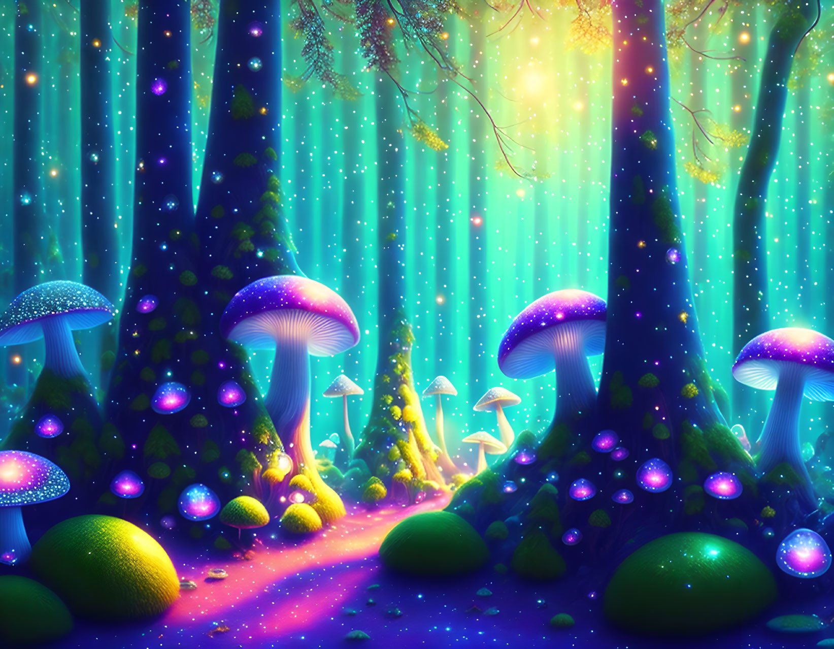 Enchanting fantasy forest with glowing mushrooms and starlit sky