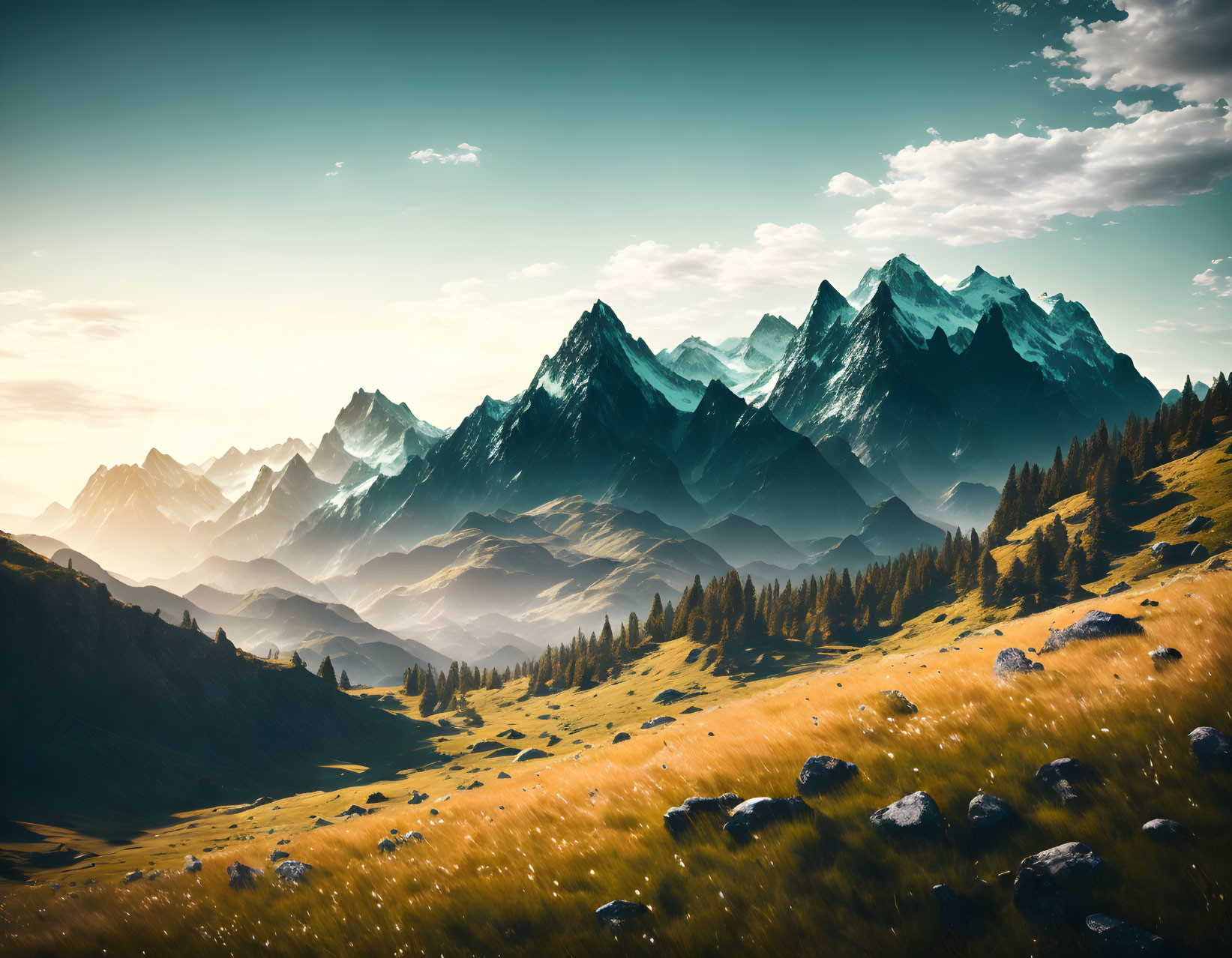 Scattered rocks in sunlit meadow with sharp mountain peaks