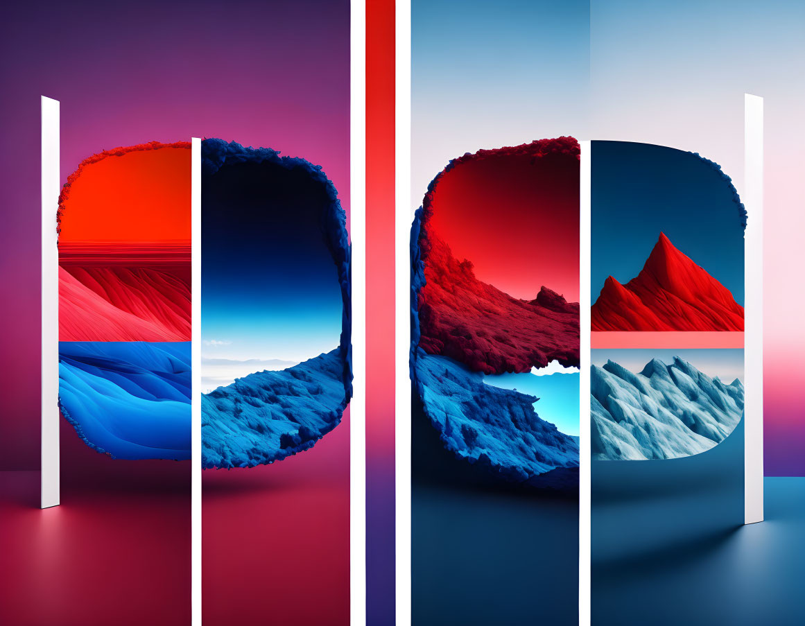 Four-panel abstract art featuring vibrant mountainous landscapes in red and blue hues with white vertical stripes.