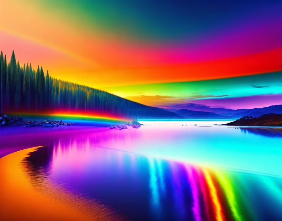 Spectacular rainbow colors over serene lake with mountains at sunset