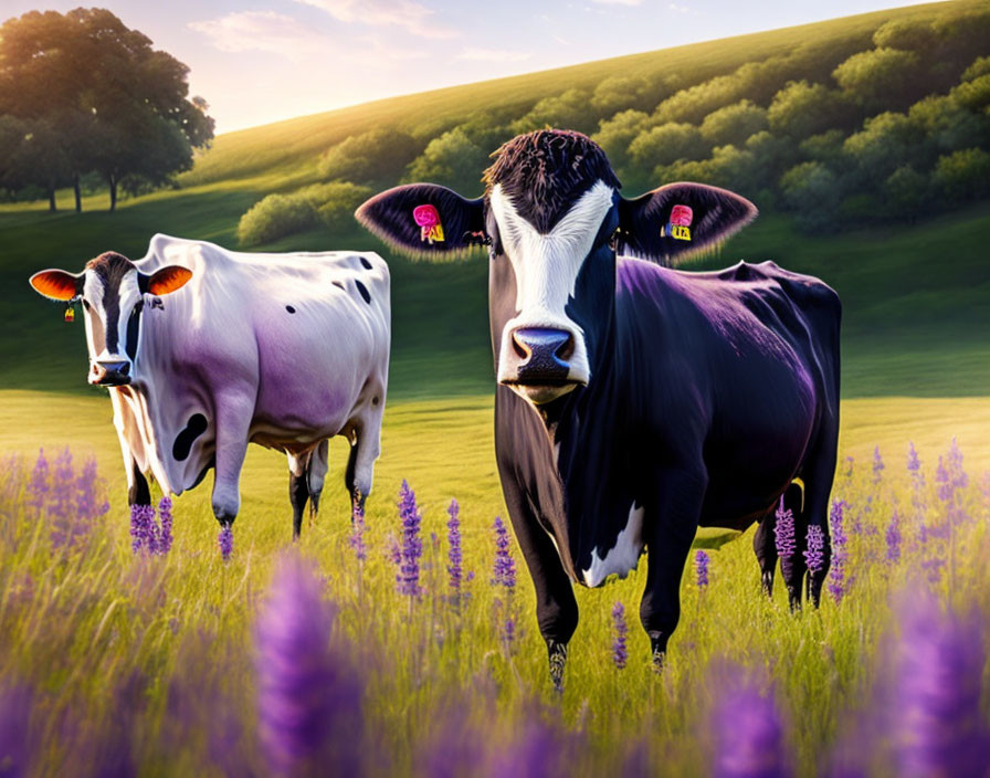 Vibrant field with two cows, purple flowers, and green hill under clear sky