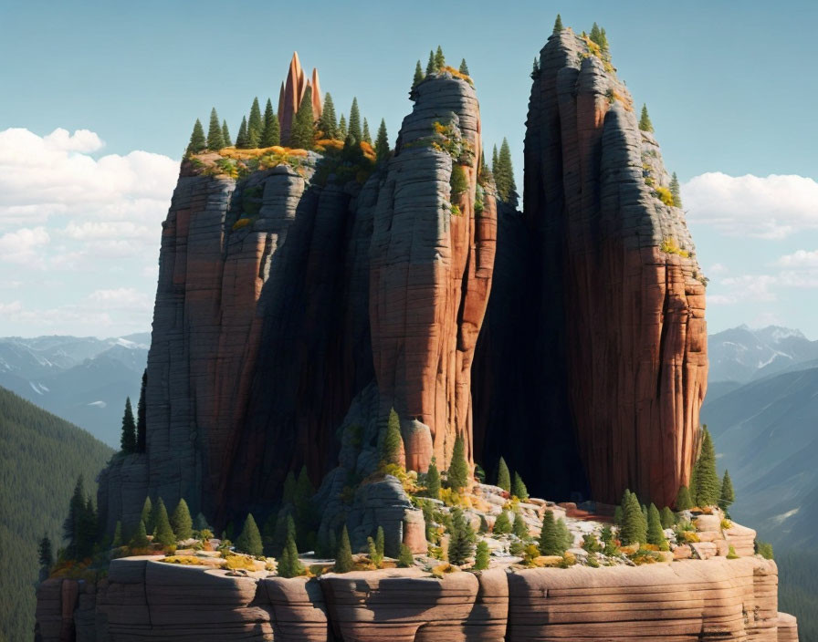 Majestic red rock formations and towering spires in forested area